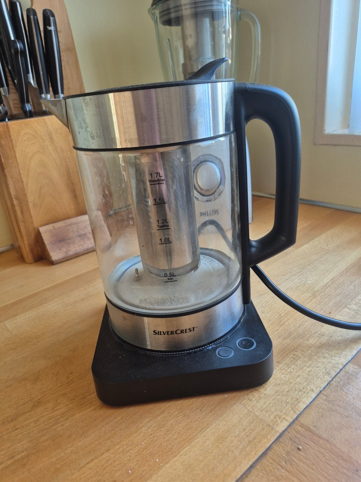Silvercrest waterkoker met theefilter - 1.7L, 1 tot 2 liter, Ophalen, Gebruikt, Rvs