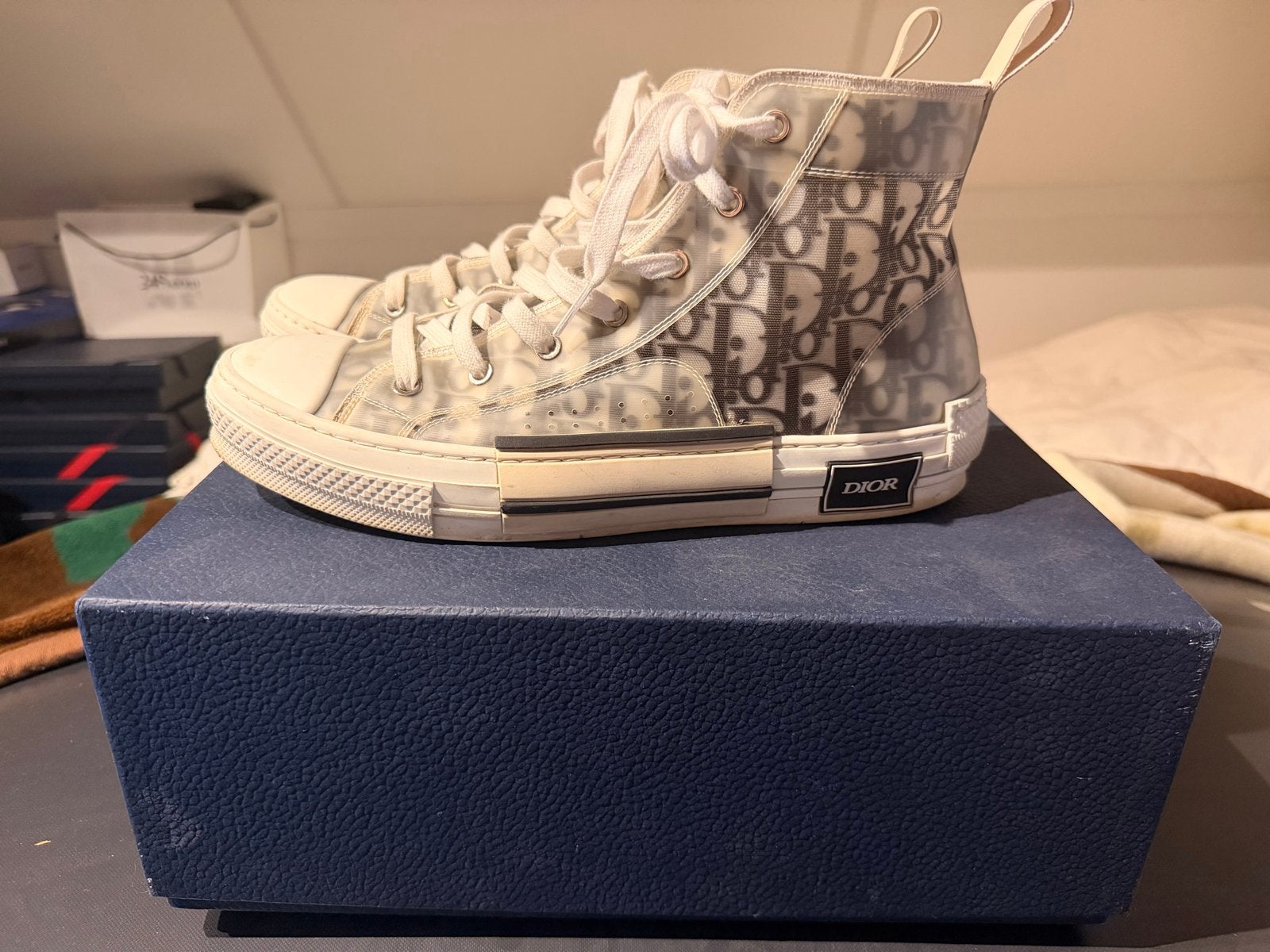 Dior B23 High-Top Sneaker Oblique Transparant maat 43, Kleding | Heren, Ophalen of Verzenden, Gedragen, Wit, Sneakers of Gympen