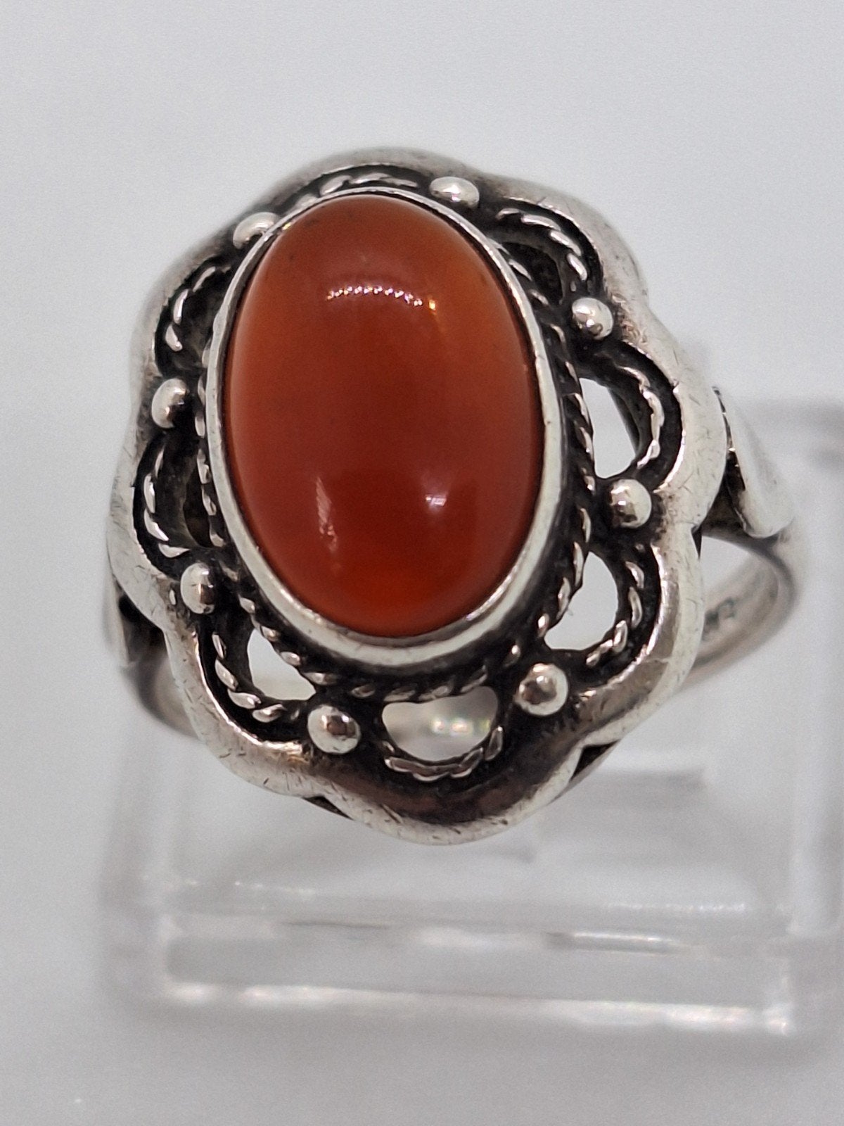 Zilveren ring met carneool, maat 16.5, Sieraden, Tassen en Uiterlijk, Gebruikt, Oranje, Ophalen of Verzenden, Kleiner dan 17