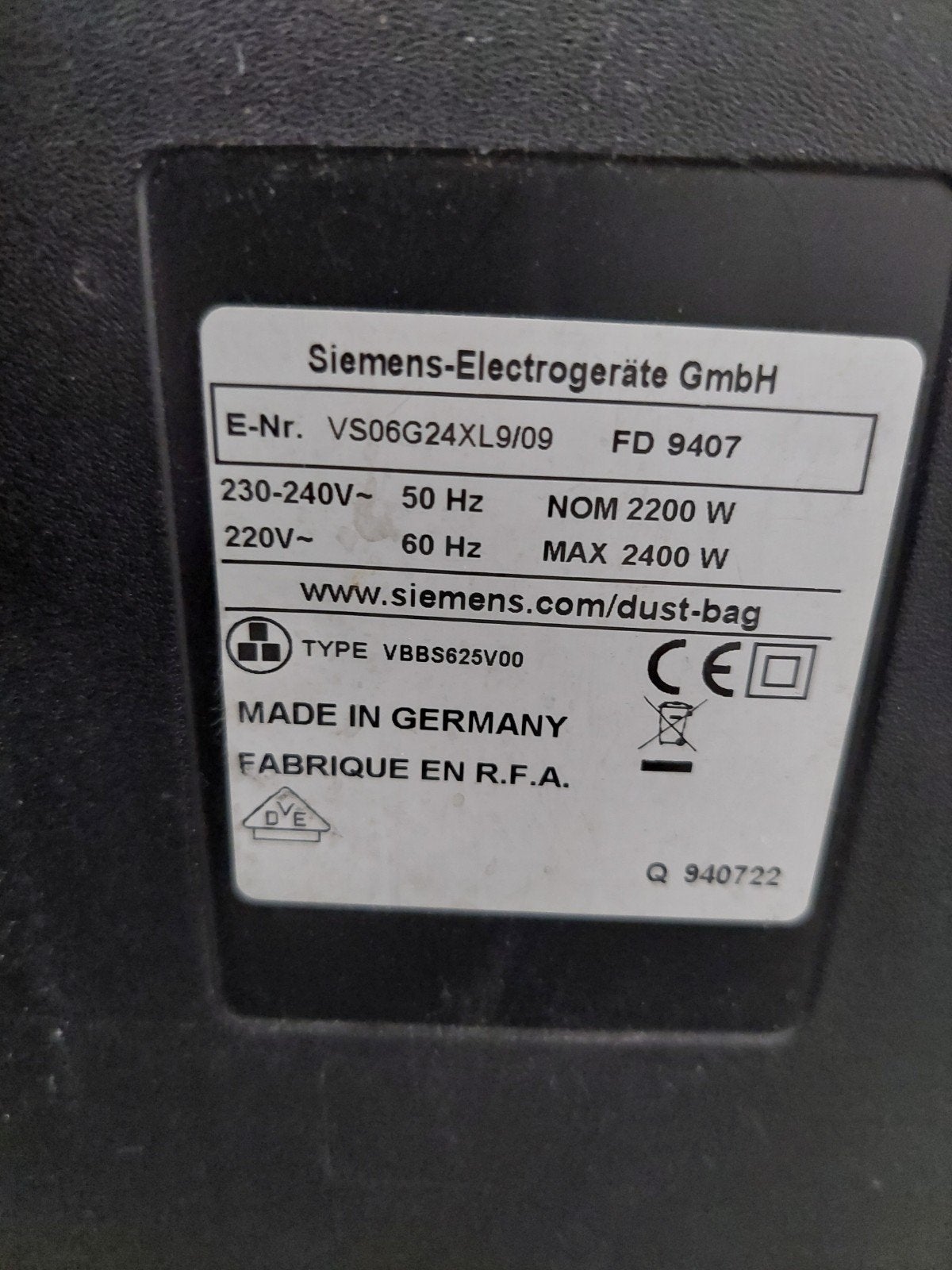 Stofzuiger, Siemens, Gebruikt, 2000 watt of meer, Ophalen