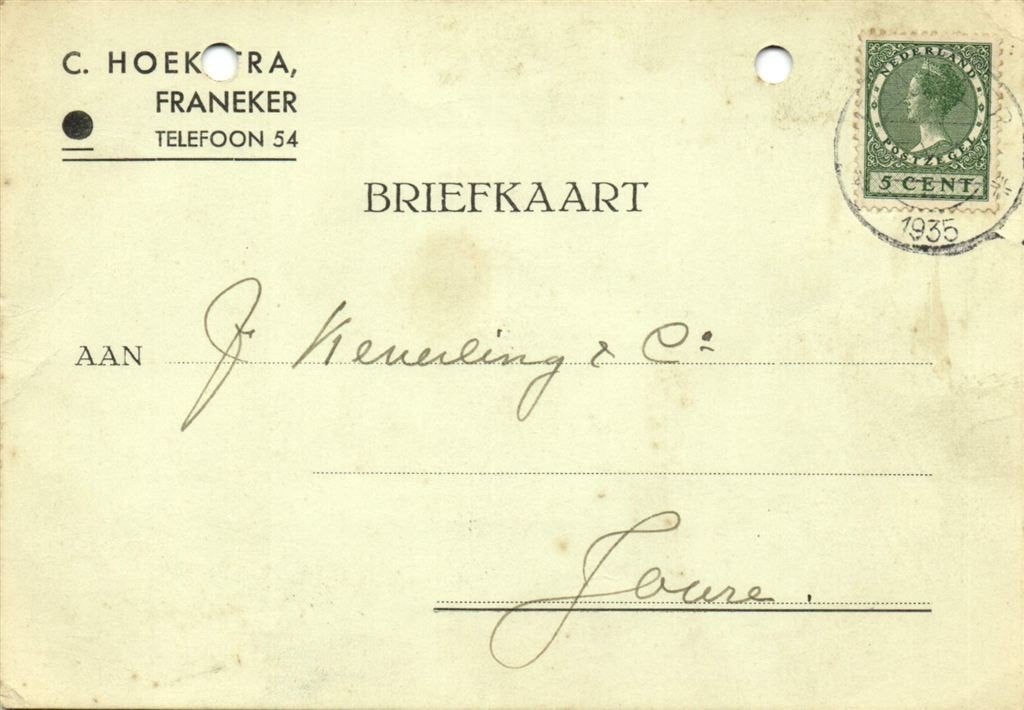 C. Hoekstra, Franeker - 05.1935 - briefkaart, Postzegels en Munten, Brieven en Enveloppen | Nederland, Ophalen of Verzenden, Briefkaart