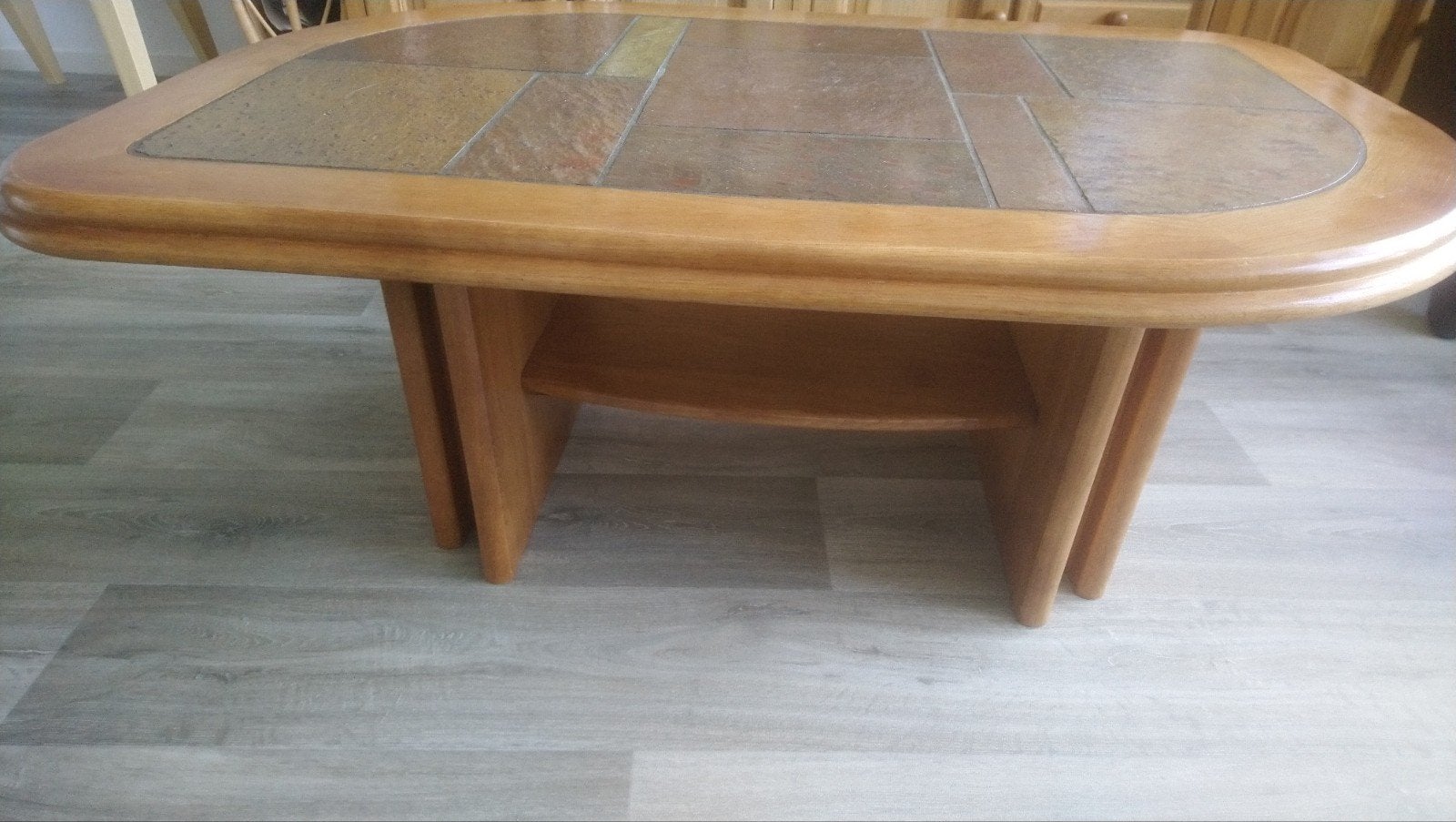 Massief blank eiken partine natuursteen salontafel- Gebruikt, Ophalen, Gebruikt, Overige materialen, 100 tot 150 cm