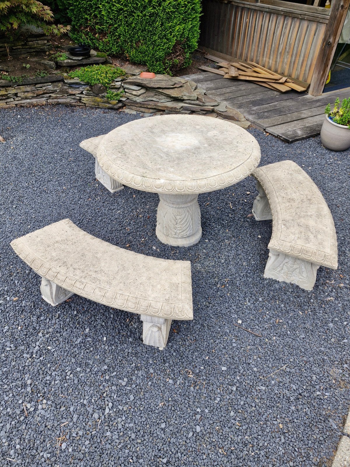 nette stenen / marmerlook tafel met 3 banken, Ophalen, Gebruikt, Rond, Overige materialen