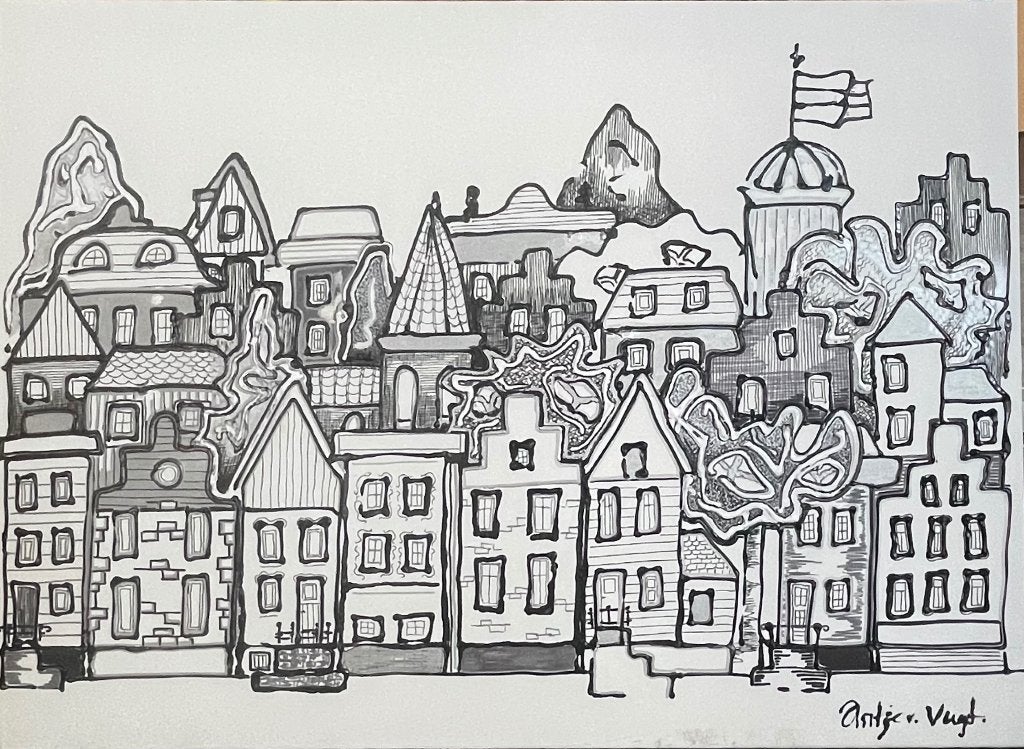 Schilderij Nederlands stadsgezicht huizen grachtenpanden, Antiek en Kunst, Kunst | Schilderijen | Klassiek, Overige stijlen, Doek