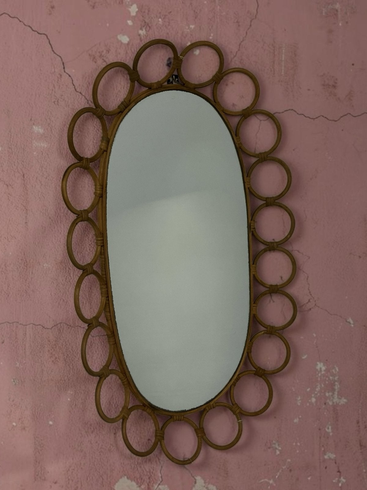 Vintage Italiaanse Bamboe Spiegel jaren 60/70, Ophalen, Ovaal, 50 tot 100 cm, Minder dan 100 cm