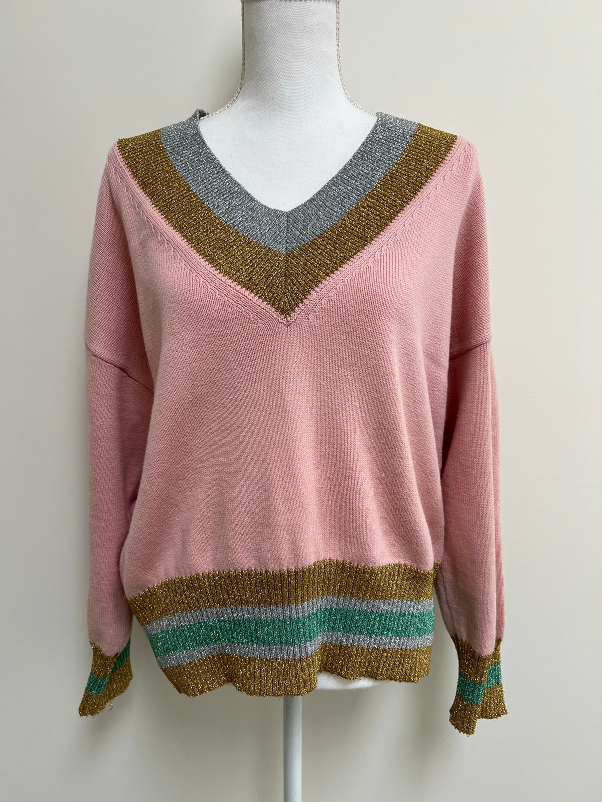 Essentiel Antwerp roze trui met glitter strepen, Ophalen of Verzenden, Zo goed als nieuw, Maat 38/40 (M), Roze