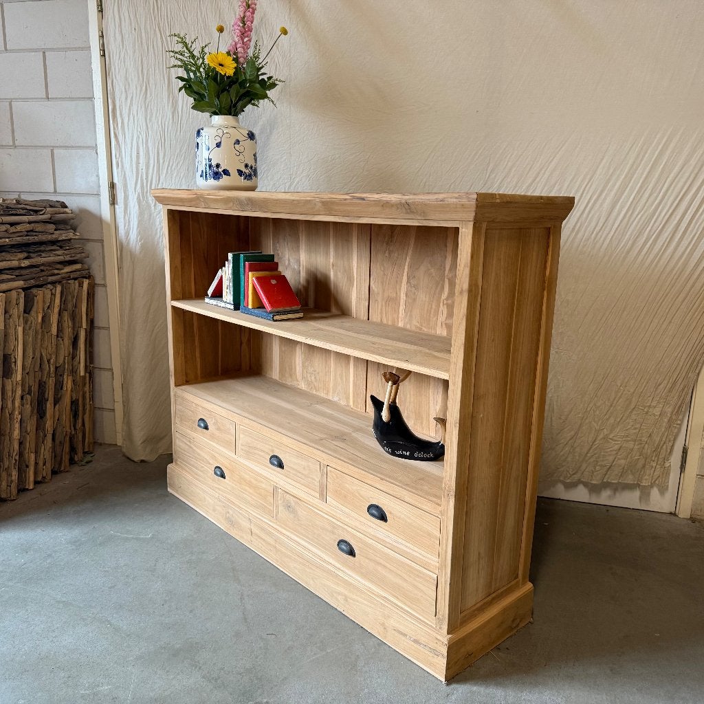 boekenkast teak met 5 lades en 2 planken - Gratis bezorgd, TTM Wonen, Meubels – (Perzische) Tapijten en Woonaccessoires, 150 tot 200 cm