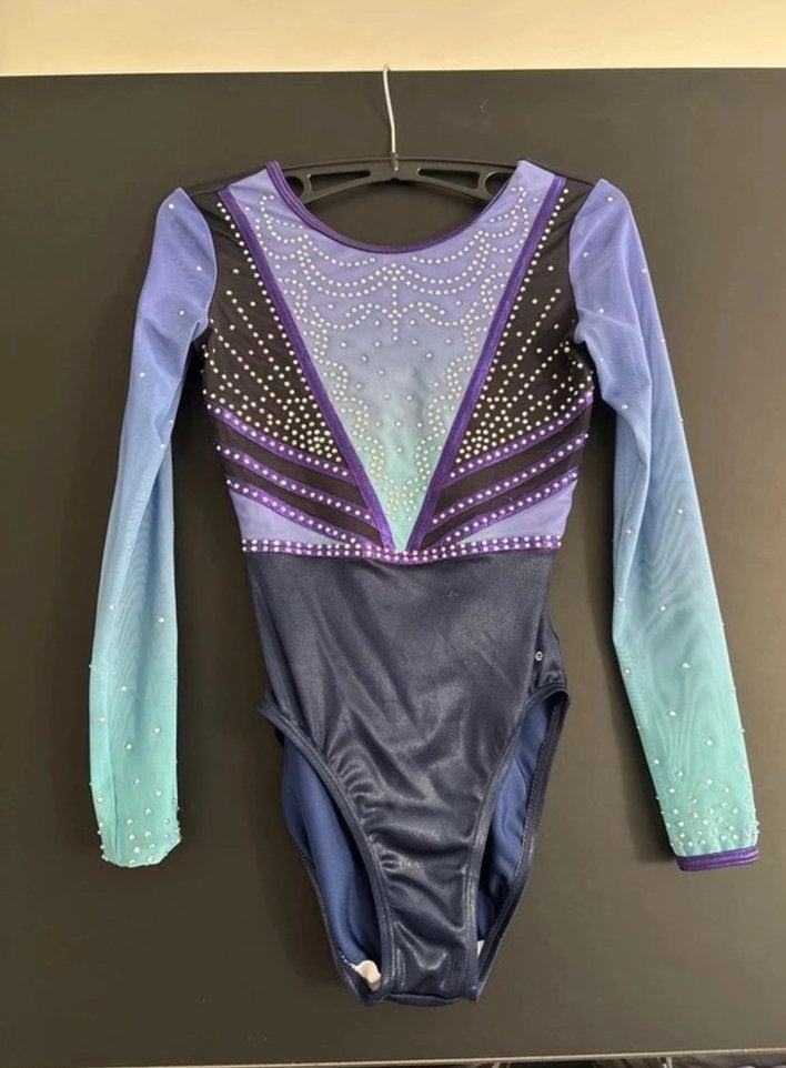 Dazzle turnpakje lange mouw blauw/paars – maat AME, Maat 36 t/m 42, Verzenden, Zo goed als nieuw, Turnpak(je)