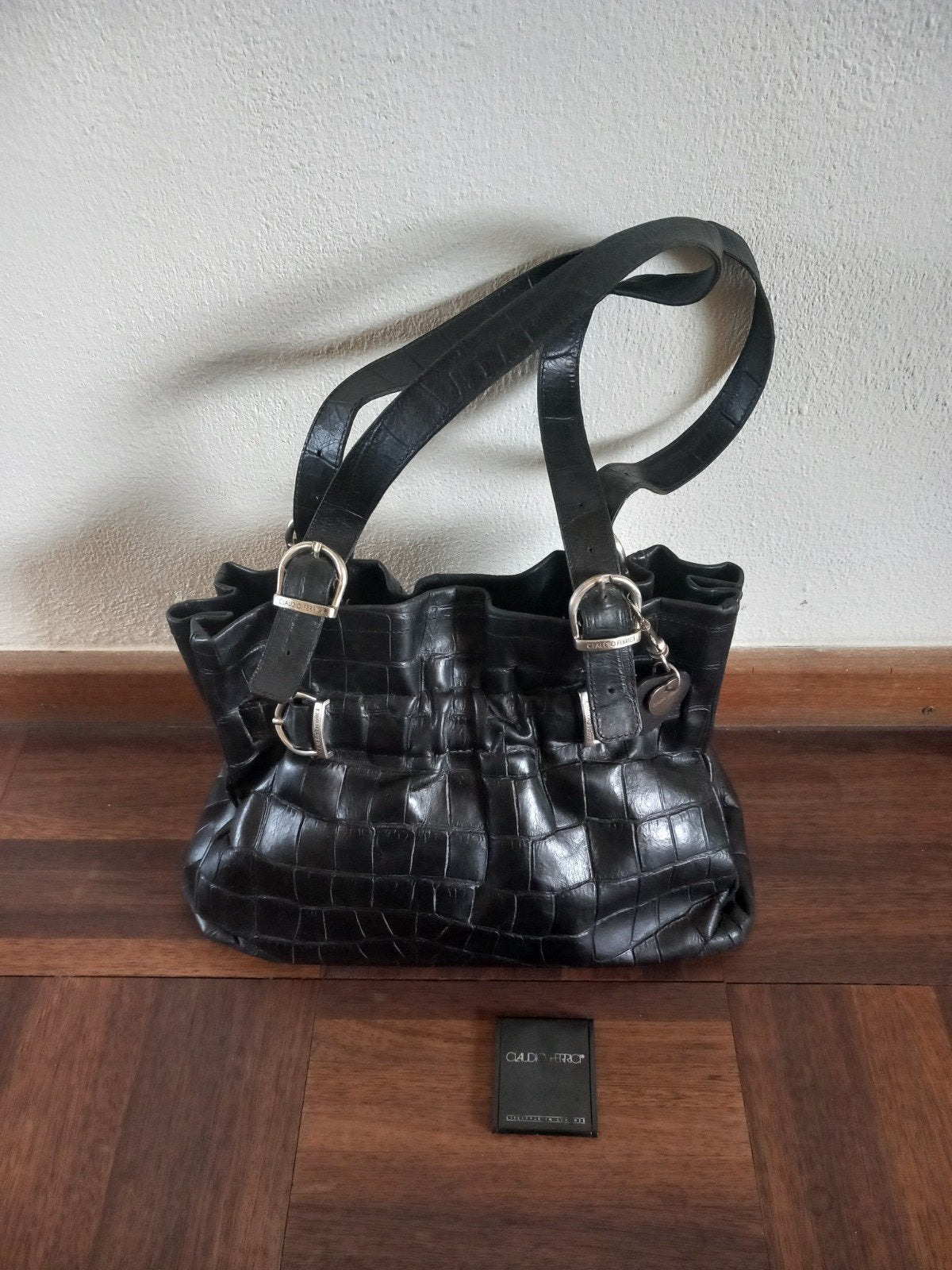Claudio Ferrici slangenprint leren shopper handtas + spiegel, Ophalen of Verzenden, Zo goed als nieuw, Zwart, Shopper