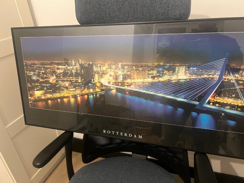 Schilderij skyline Rotterdam | 100 x 45,5 cm| Nieuwstaat, Minder dan 50 cm, Ophalen of Verzenden, Zo goed als nieuw, Schilderij