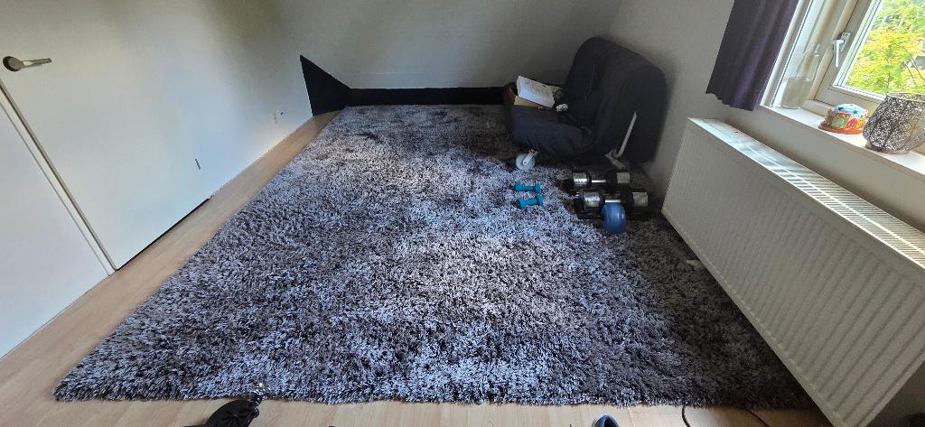 vloerkleed hoog polig zilver zwart 300 x 400 cm, Ophalen, Gebruikt, Hoogpolig 4cm zilver zwart modern kleed, Zwart