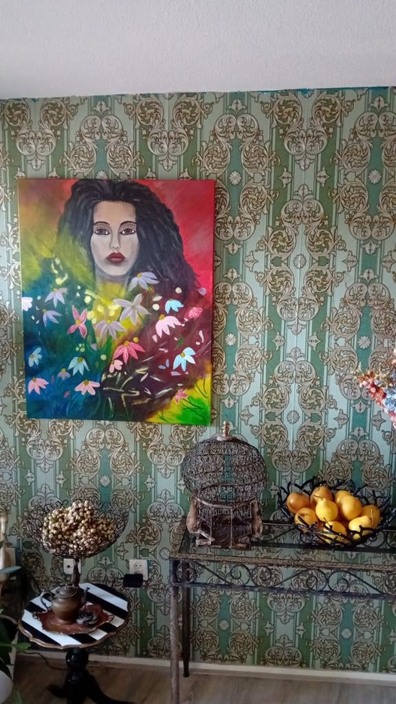Vrouw met bloemen - Kleurrijk schilderij, Ophalen