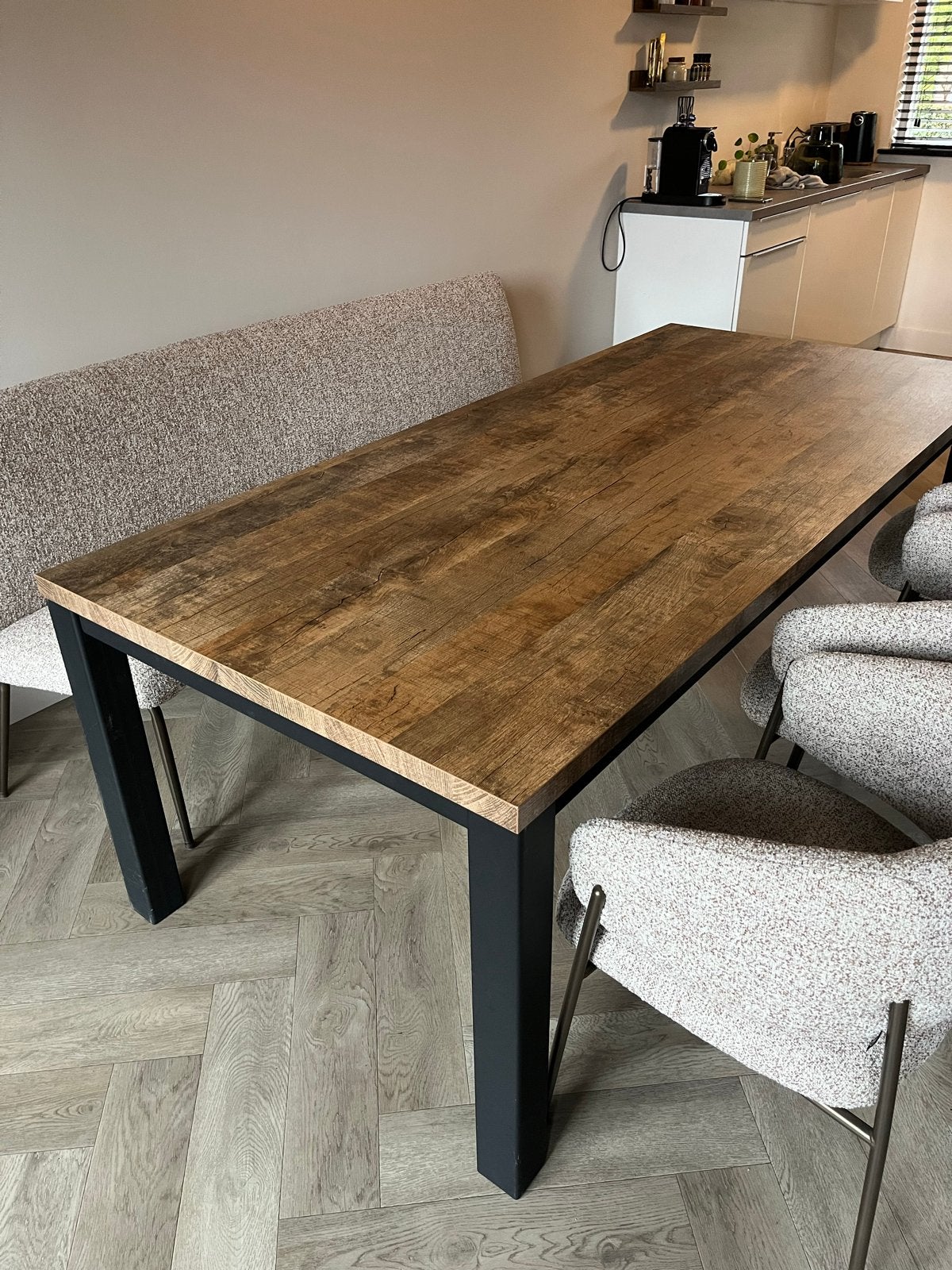 Rechthoekige eettafel met stalen poten - 220x100 cm, Ophalen, 100 tot 150 cm, 200 cm of meer, Zo goed als nieuw