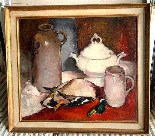 Stilleven met o.a. eend ca. 1950 - Belgische School, Antiek en Kunst, Kunst | Schilderijen | Klassiek, Ophalen