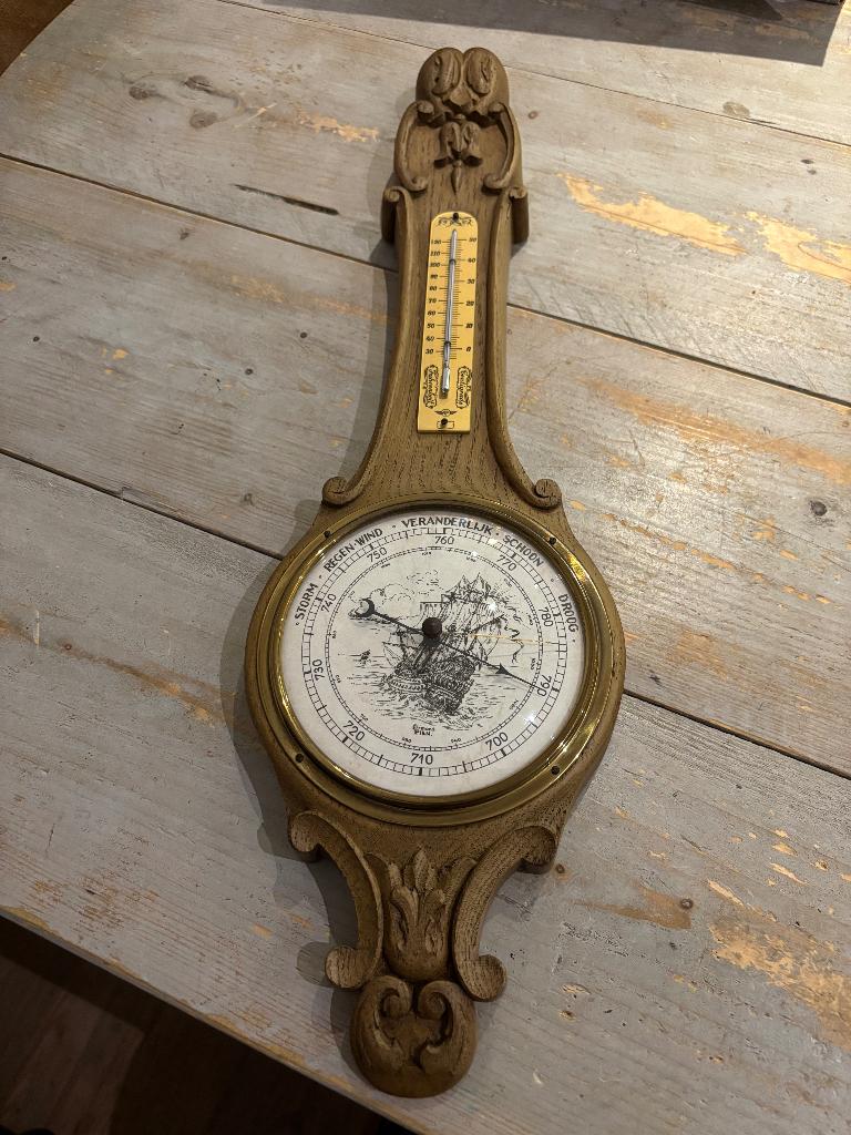 Vintage Frans eikenhouten barometer/thermometer, Ophalen of Verzenden, Zo goed als nieuw, Barometer