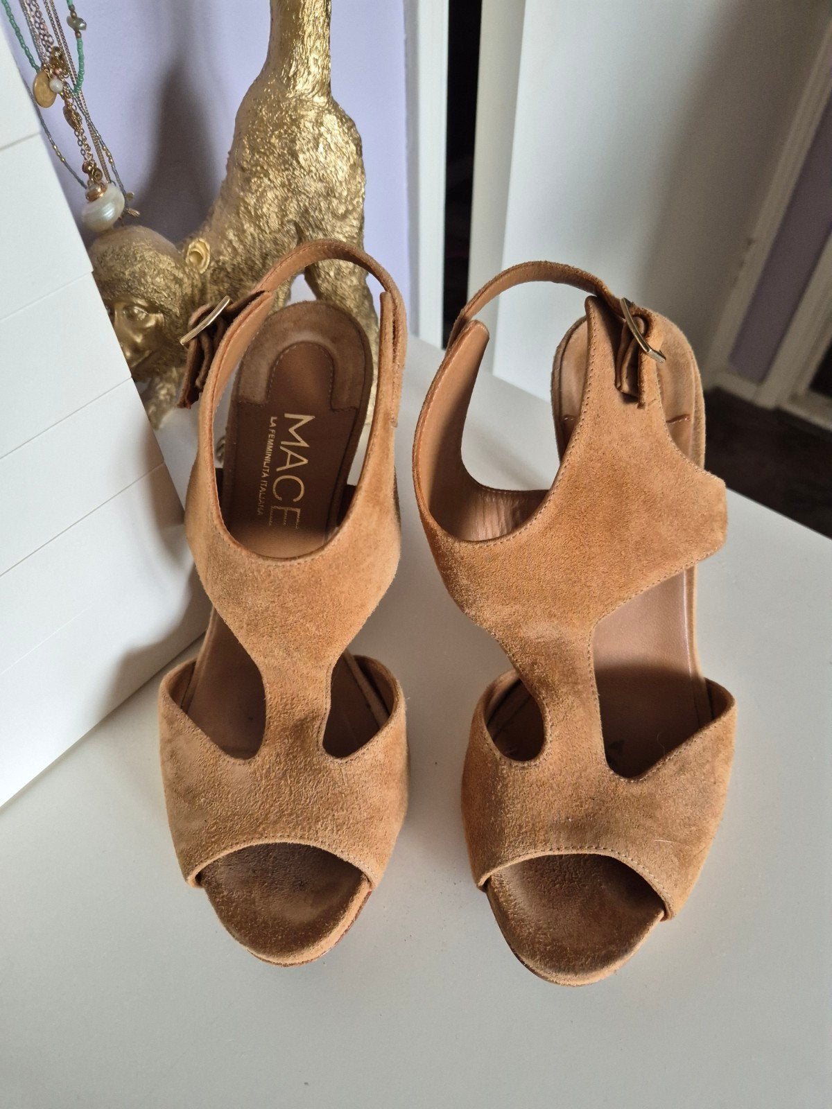 Mace open sandalen pumps, maat 38, hakhoogte 10 cm, Mace, Bruin, Gedragen, Sandalen of Muiltjes