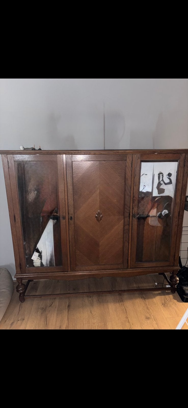 Vintage eiken vitrinekast / buffetkast, Ophalen, Zo goed als nieuw, 25 tot 50 cm, Glas