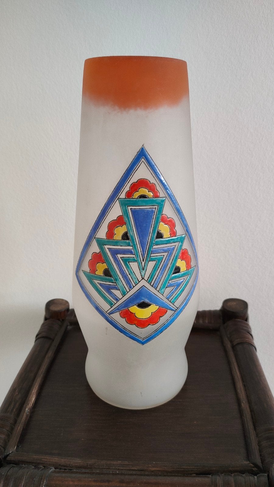 zeldzame antieke vaas Leune mat glas emaildecor oranje blauw, Antiek en Kunst, Ophalen of Verzenden