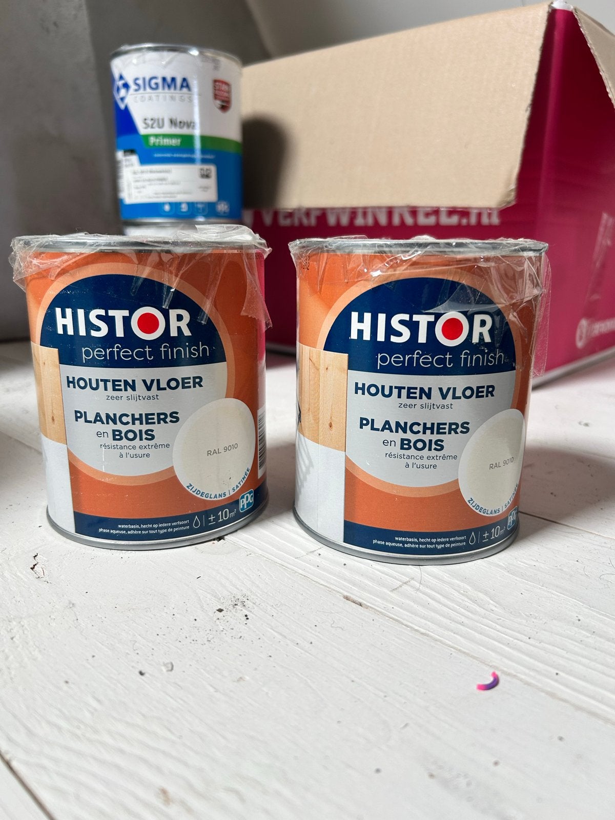 2x 0,75L Histor Perfect Finish Houten Vloer Zijdeglans RAL 9, Wit, Nieuw, Ophalen of Verzenden, Verf