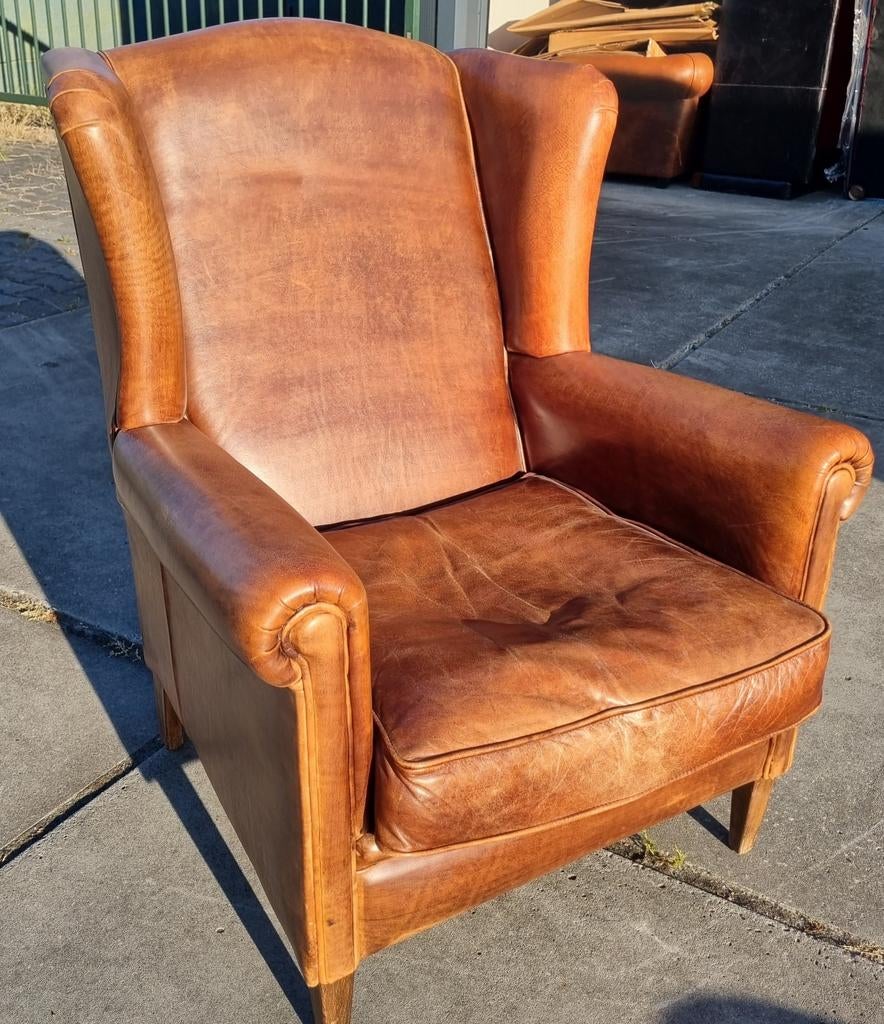 Chesterfield oor fauteuil cognac bruin leer + BEZORGING, Gebruikt, ., Chesterfield, Ophalen of Verzenden