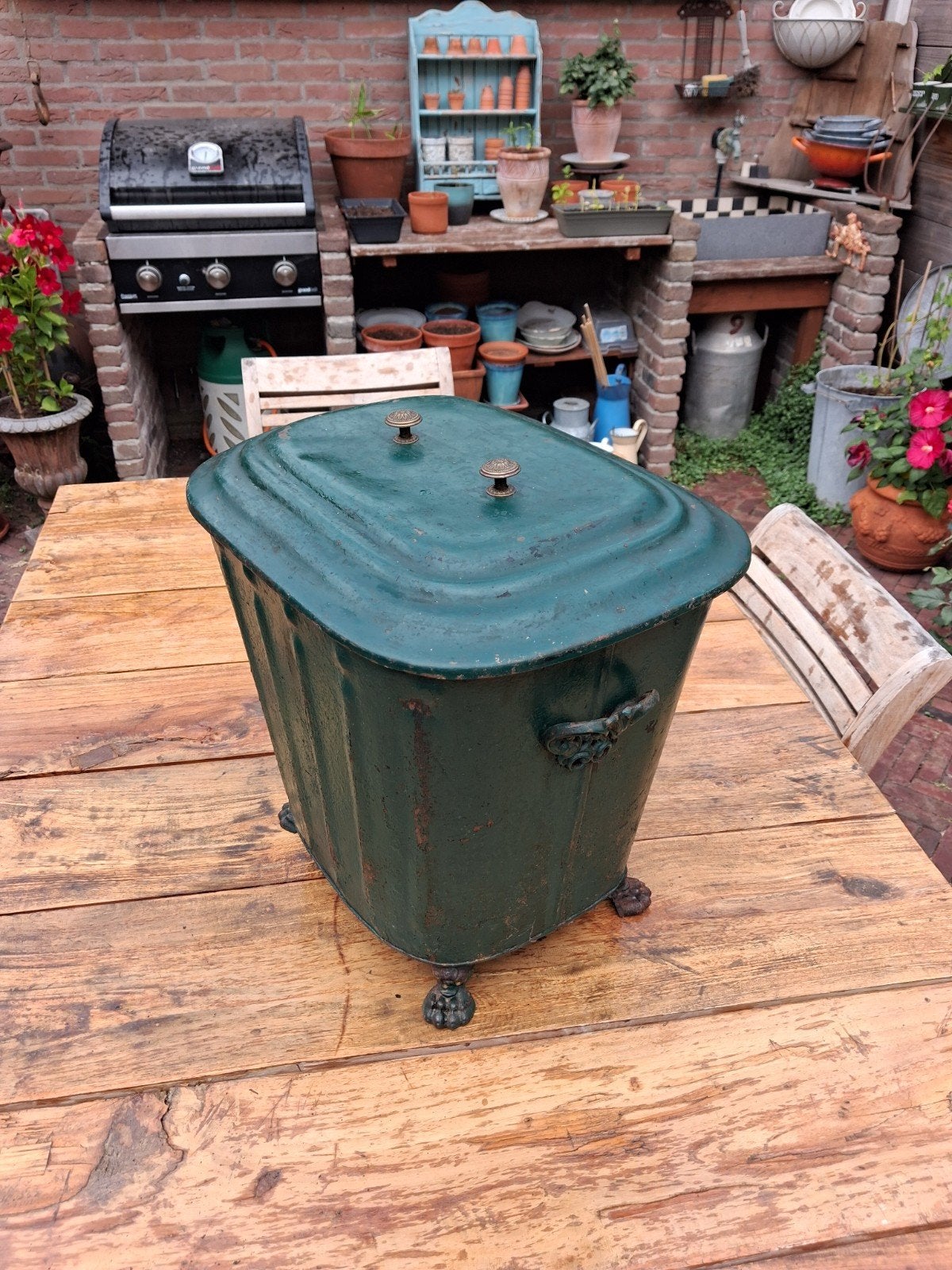 Antieke gietijzeren kolenkit - Groen, Antiek en Kunst, Ophalen