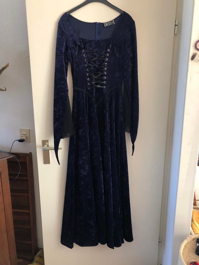 Blauwe Gothic jurk met uitlopende mouwen, mt 38, Maat 38/40 (M), Blauw, Ophalen of Verzenden, Zo goed als nieuw