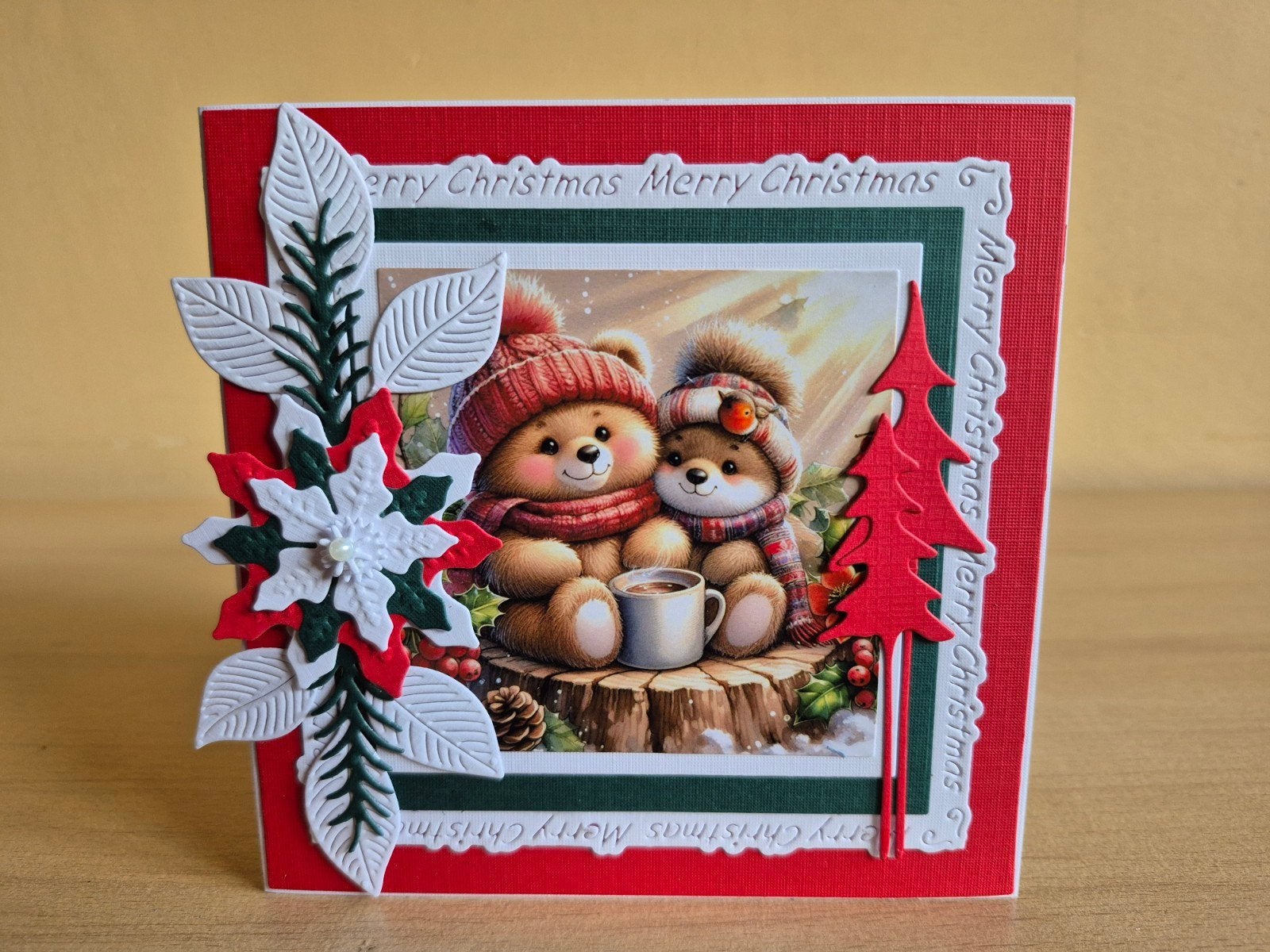495a) zelfgemaakte kaart-  kerst- 2 beertjes, Hobby en Vrije tijd, Ophalen of Verzenden, Nieuw, Kerst