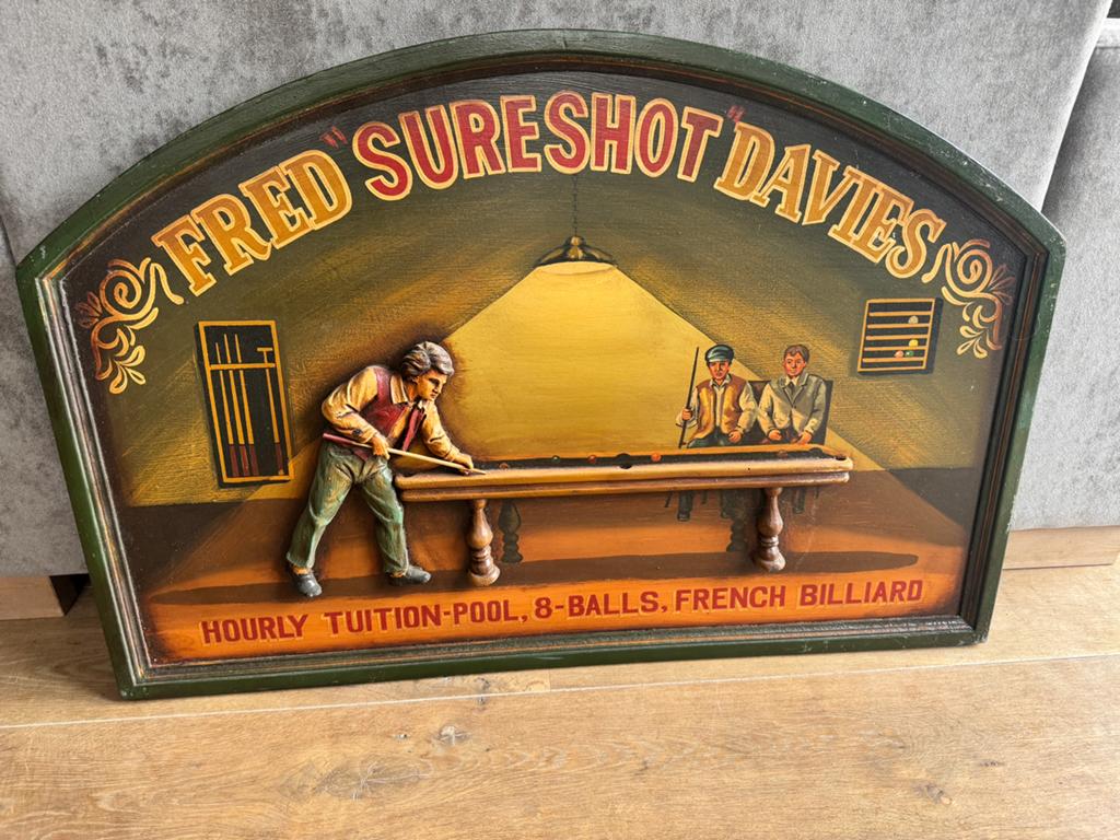 Vintage Fred Sureshot Davies Biljart Reclamebord, Ophalen of Verzenden, Gebruikt, Overige typen