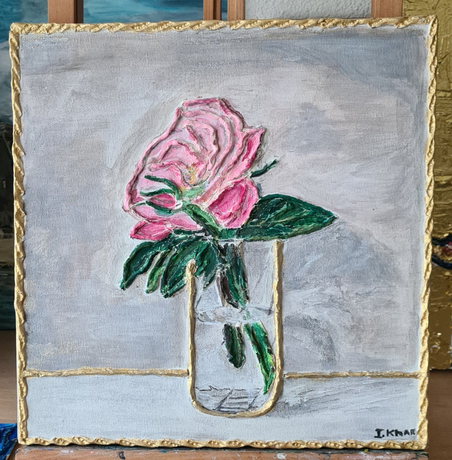Roze roos in vaas - 3D textuur schilderij, Antiek en Kunst, 3D-effect, Ophalen of Verzenden, Olieverf, Bloemen