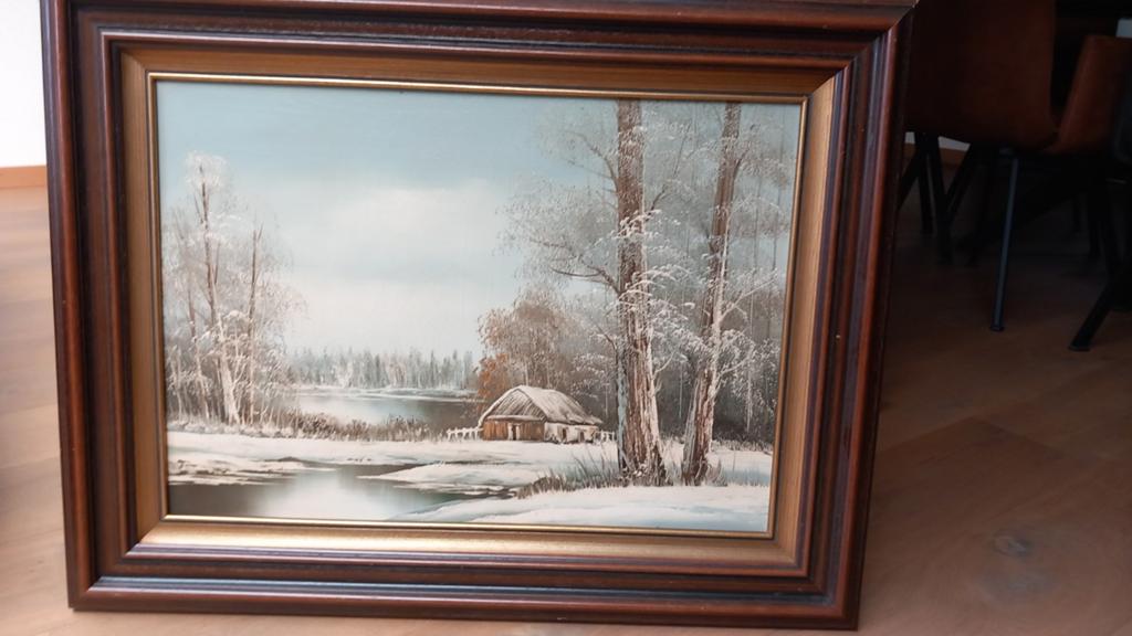 Schilderij Winterlandschap met Huisje en Bomen, Ophalen of Verzenden