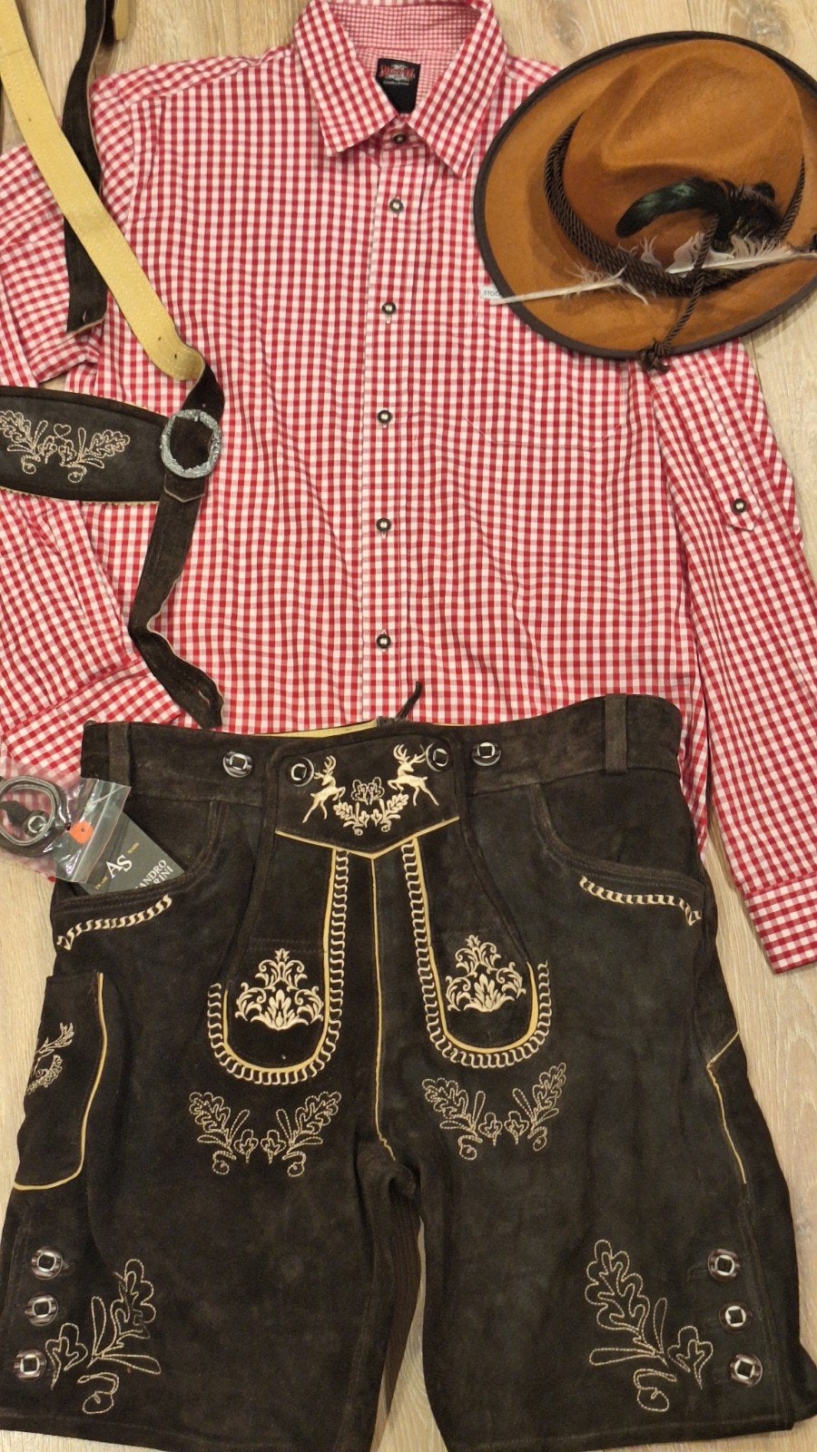 Lederhose 52 overhemd hoed oktoberfeest Tiroler, Maat 52/54 (L), Ophalen of Verzenden, Salvarini, Overige thema's
