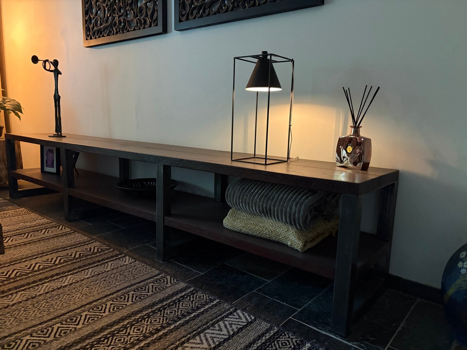 Eikenhouten Side Table met Metalen Poten - 270x45x50cm, Ophalen, Hout, Gebruikt, Bruin