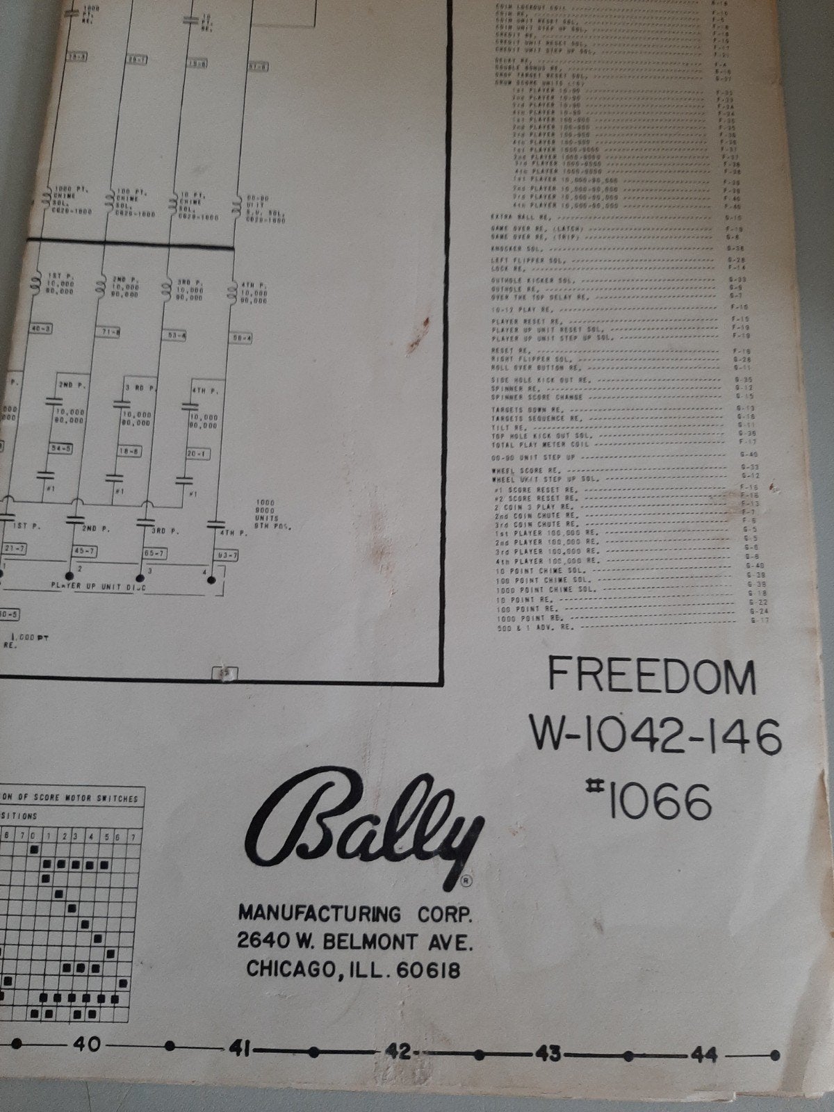 Bally Freedom Flipperkast Schema W-1042-146 #1066, Ophalen of Verzenden