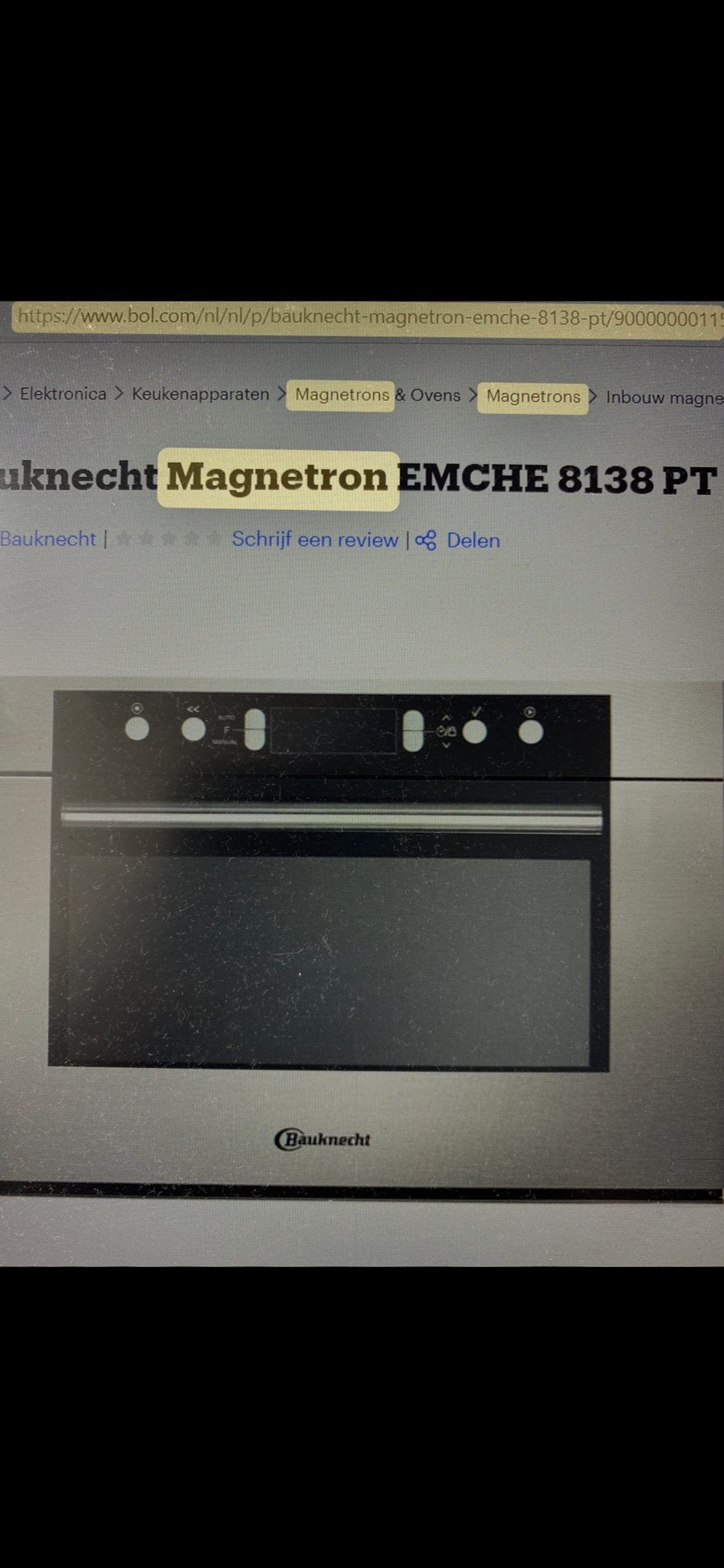 Bauknecht Magnetron EMCHE 8138 PT Inbouw, Witgoed en Apparatuur, Magnetrons, Gebruikt, 60 cm of meer, Ophalen of Verzenden, Magnetron