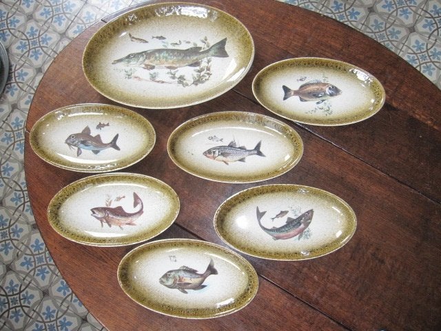 Vintage vis servies, grote schaal en 6 ovale borden, Ophalen, Zo goed als nieuw, Bord(en), Overige stijlen
