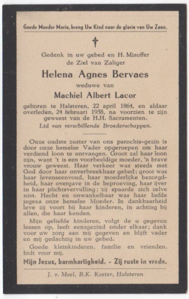 Helena Agnes Bervaes 1864 Halsteren + 1958, 93 jaar oud, Ophalen of Verzenden