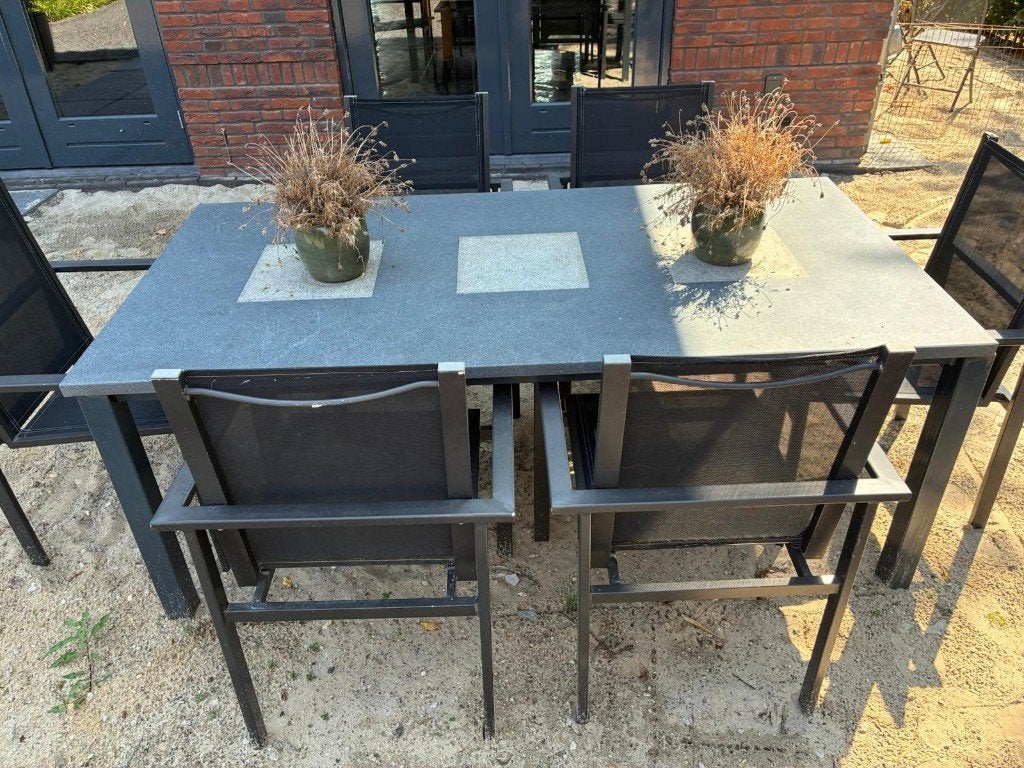 Zware hardstenen tuintafel met stoelen 180x90x70 (lxbxh), Tuin en Terras, Ophalen, Gebruikt, Rechthoekig, Overige materialen