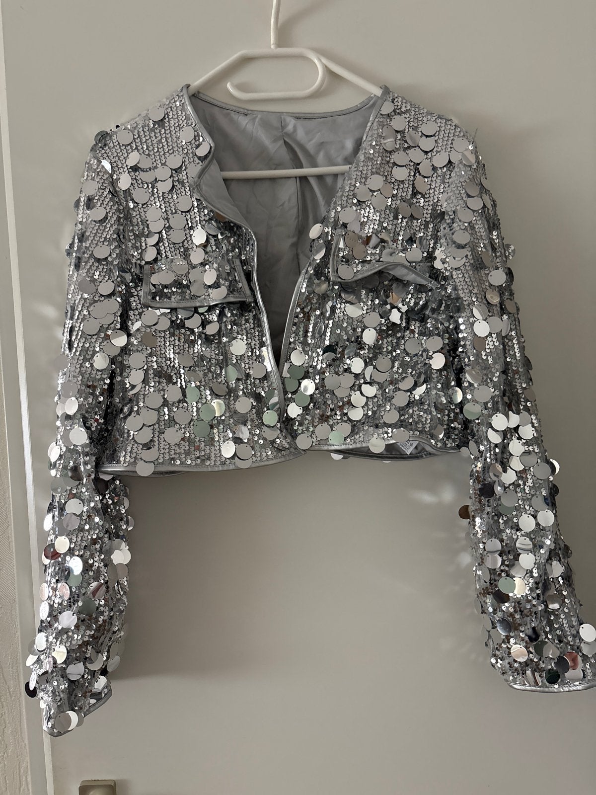 Zilveren glitter jasje met pailletten, Ophalen, Zo goed als nieuw, Maat 38/40 (M)