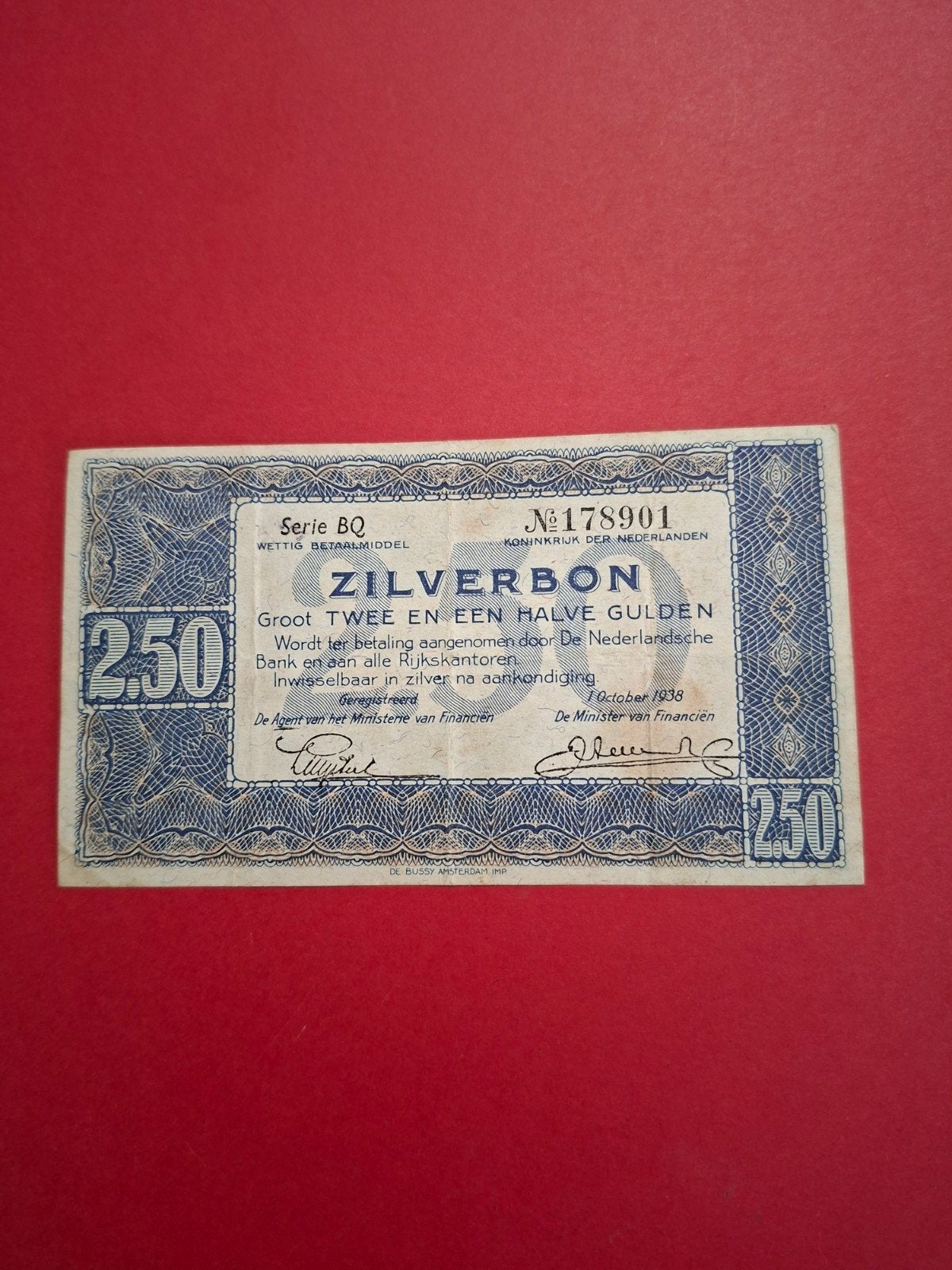 2,5 gulden Zilverbon uit 1938 in ZF+, Postzegels en Munten, Bankbiljetten | Nederland, Ophalen of Verzenden, 2½ gulden, Los biljet