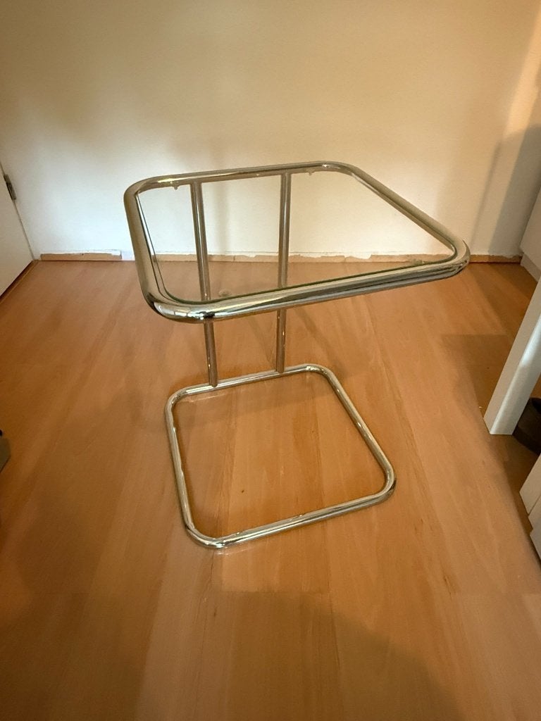 Bijzettafel metaal en glas, 45 tot 60 cm, Minder dan 55 cm, Vierkant, Ophalen of Verzenden