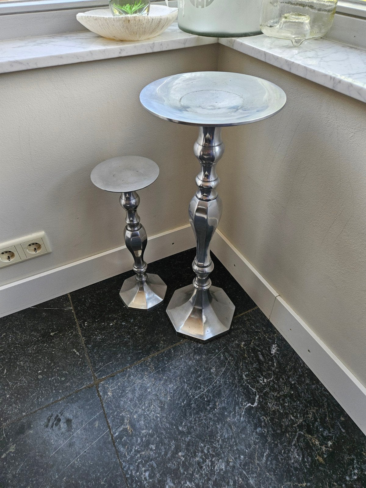 Set van 2 XXL chromen piedestals bijzettafel, Ophalen, Windlicht, Gebruikt, Metaal