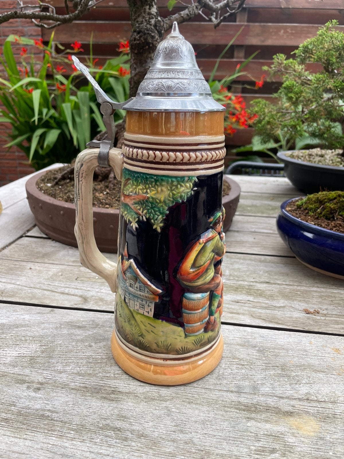 Vintage Duitse Bierpul met Tin Deksel, Antiek en Kunst, Ophalen