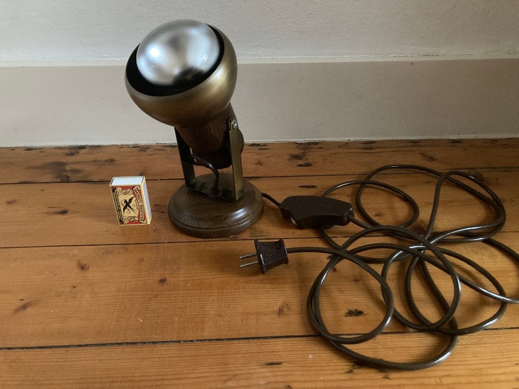 Jaren 70 hout spotje met dimmer Oisterwijk stijl lang snoer, Gebruikt, Met schakelaar, E27 (groot), Ophalen of Verzenden