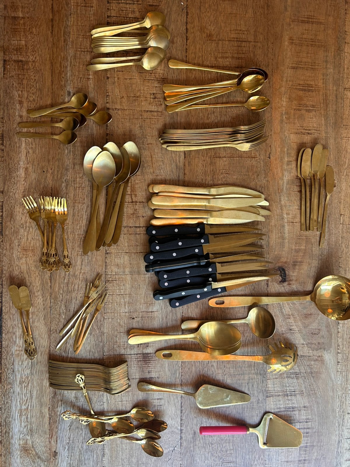 Gouden bestekset, Huis en Inrichting, Ophalen of Verzenden, Zo goed als nieuw, Rvs of Chroom