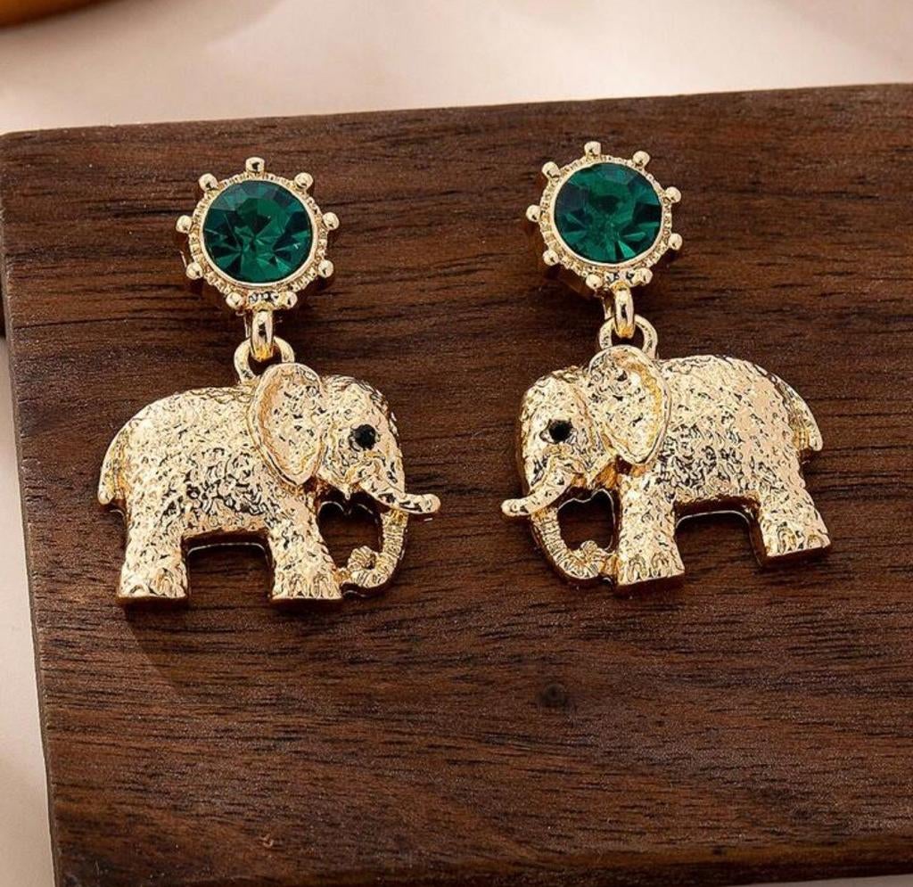 Nieuwe Gouden Olifant Oorbellen met Groene Edelsteen, Ophalen, Overige materialen, Hangers, Nieuw