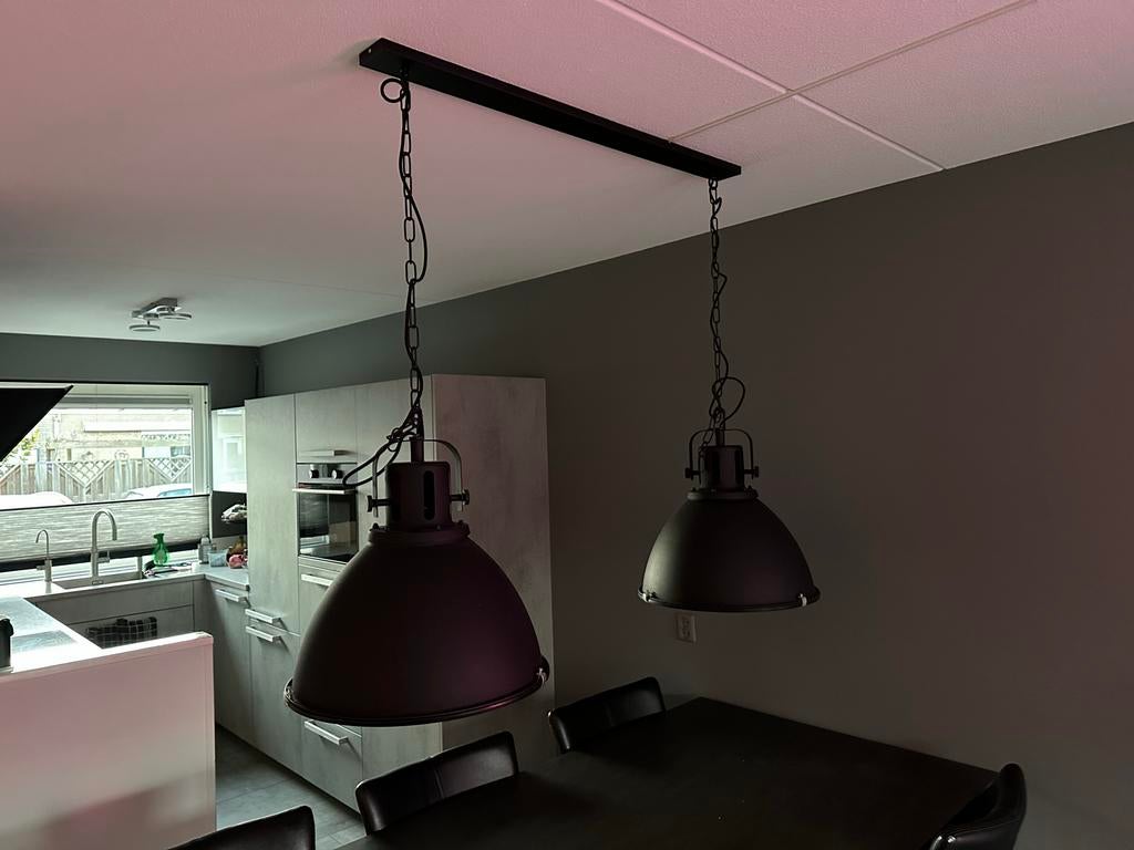 Set van 2 industriële hanglampen, zwart metaal, Ophalen, Zo goed als nieuw, Metaal, 75 cm of meer