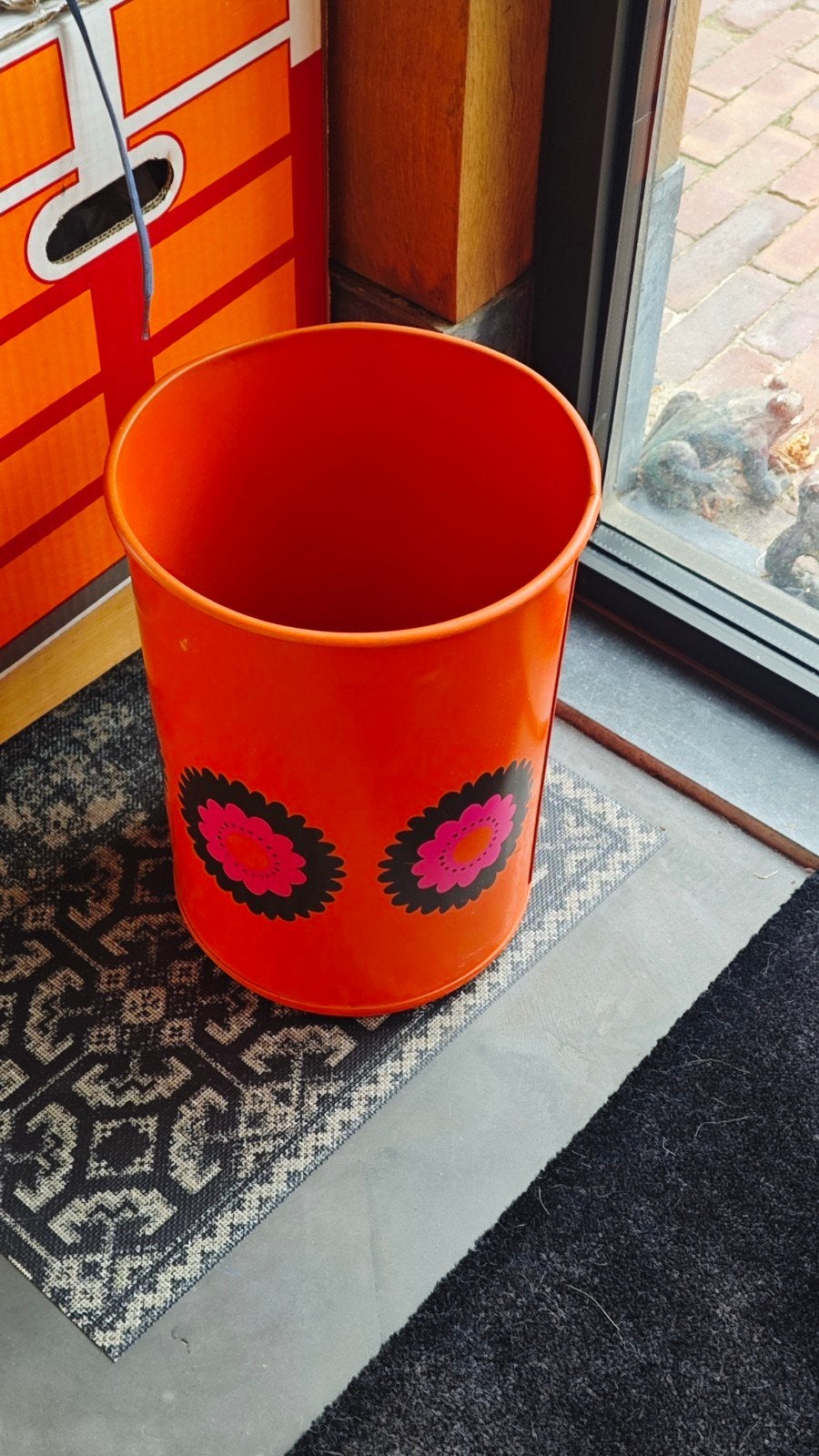 Vintage Brabantia prullenmand - Oranje met bloemmotief, Ophalen of Verzenden