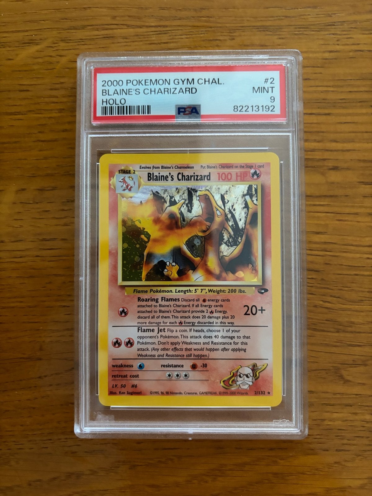 PSA 9 Blaine’s Charizard Holo #2 – Gym Challenge (2000), Ophalen of Verzenden, Zo goed als nieuw, Losse kaart, Foil