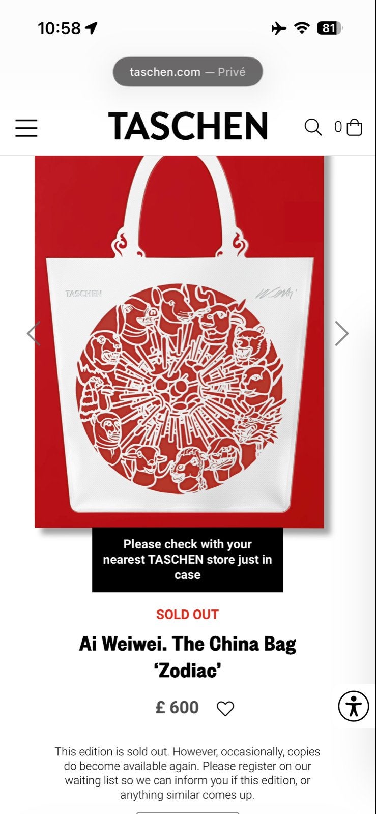 Ai Weiwei. The China Bag 'Zodiac' - TASCHEN SOLD OUT, Ophalen of Verzenden, Zo goed als nieuw, Wit, Shopper