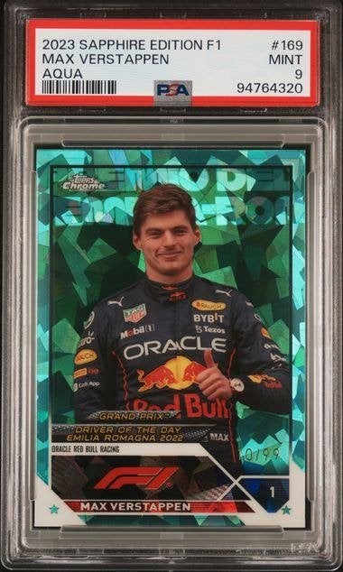 Topps F1 Sapphire Max Verstappen Aqua / 99 PSA 9, Ophalen of Verzenden, Nieuw, Plaatje